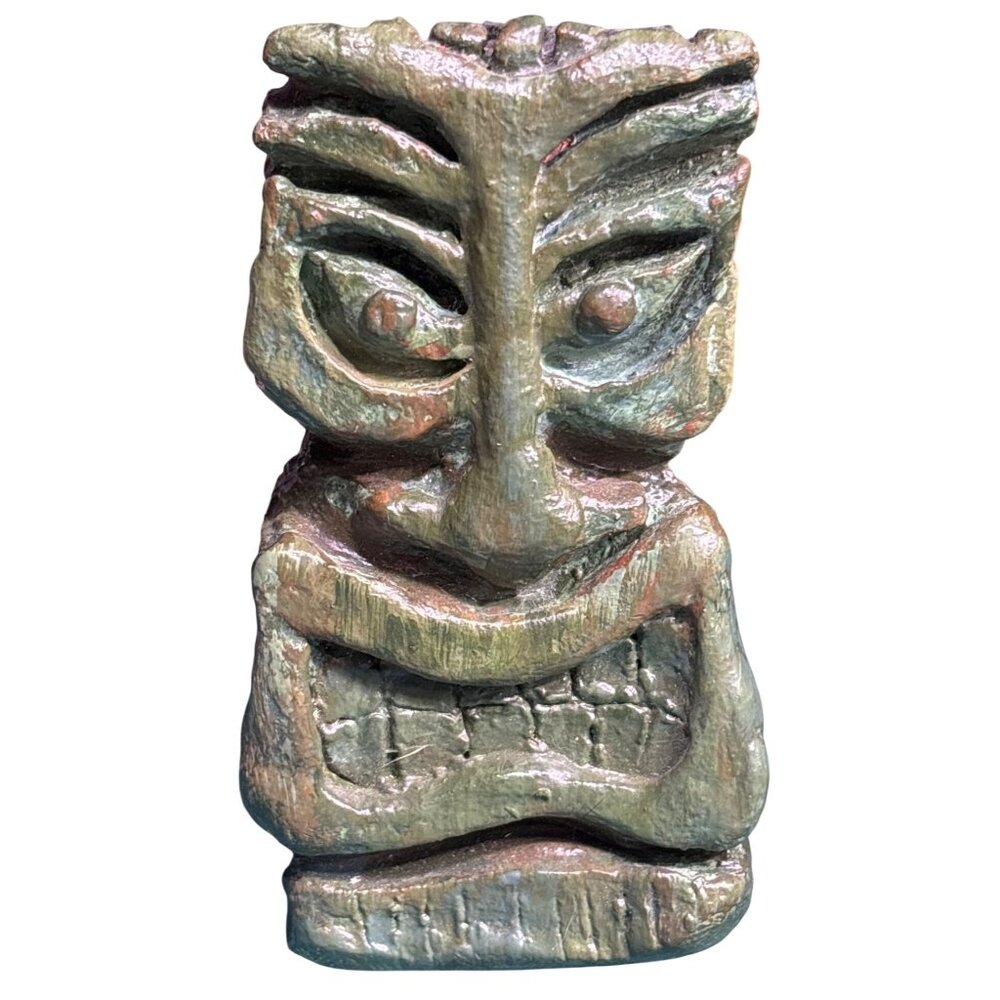 VTG Handmade Glazed Green Stoneware Tiki Figurine Green & Brown Glaze Rustic Uni
